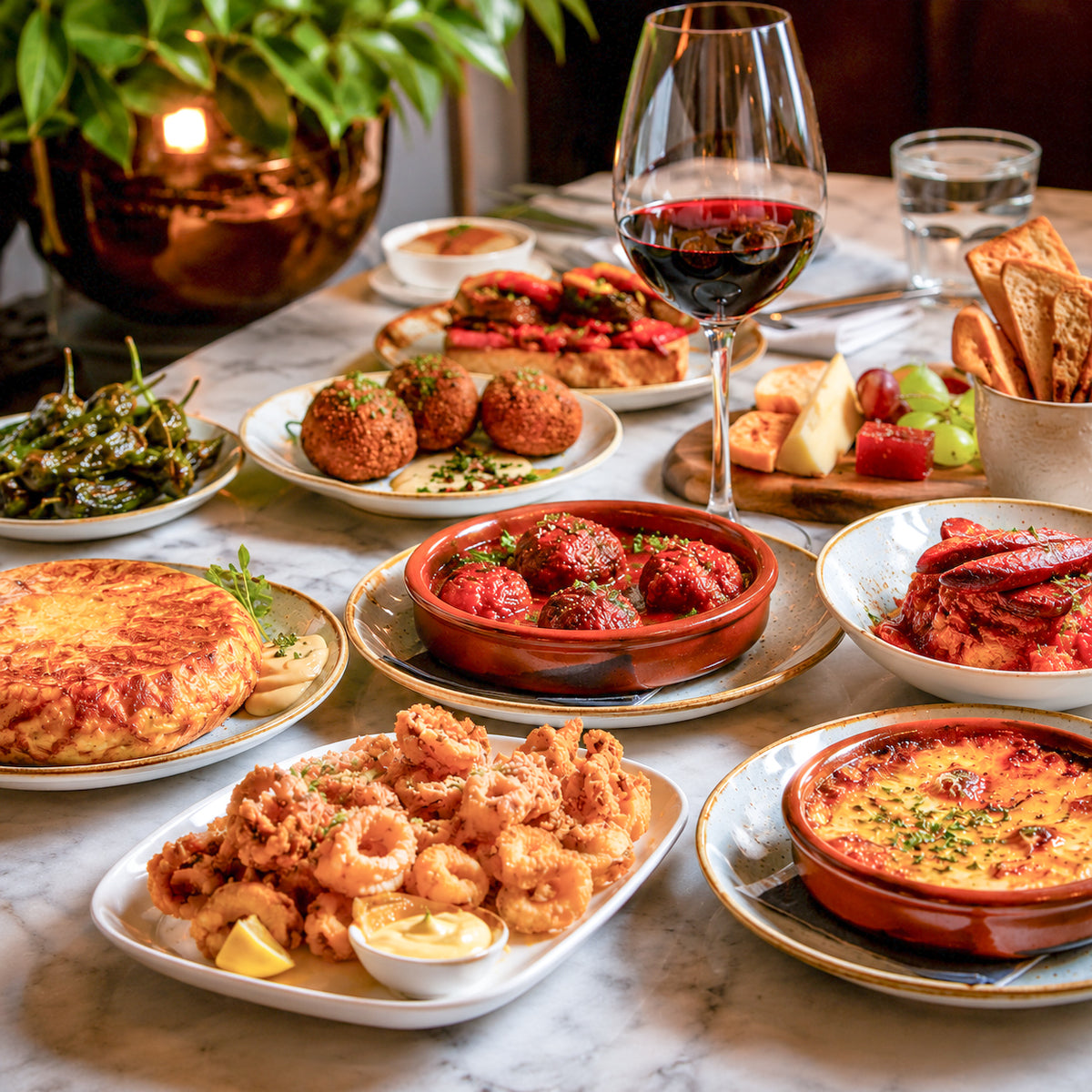 Spanish tapas and wine shared around a table at Pikoteo